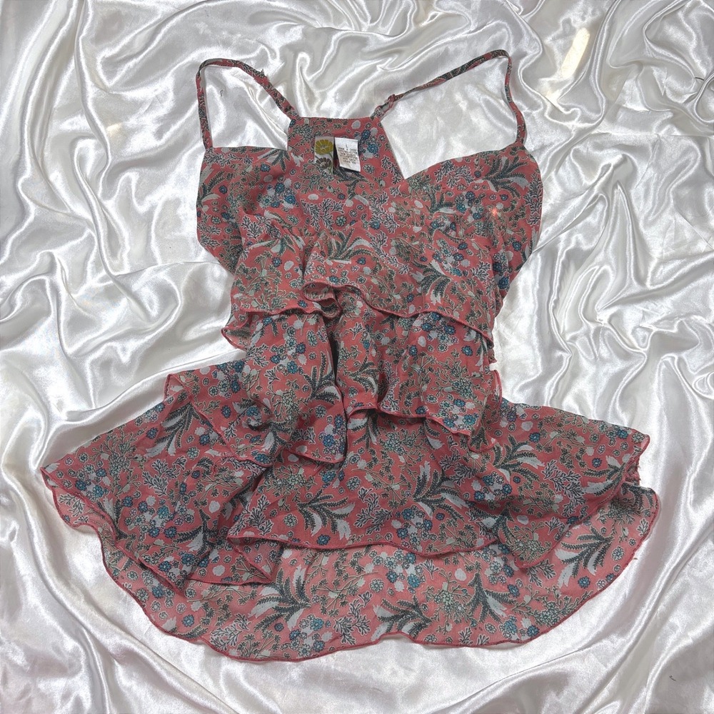 y2k Cami Top Pink Excellent Mimi Chica Ruffle Tiered Floral Print Chiffon L